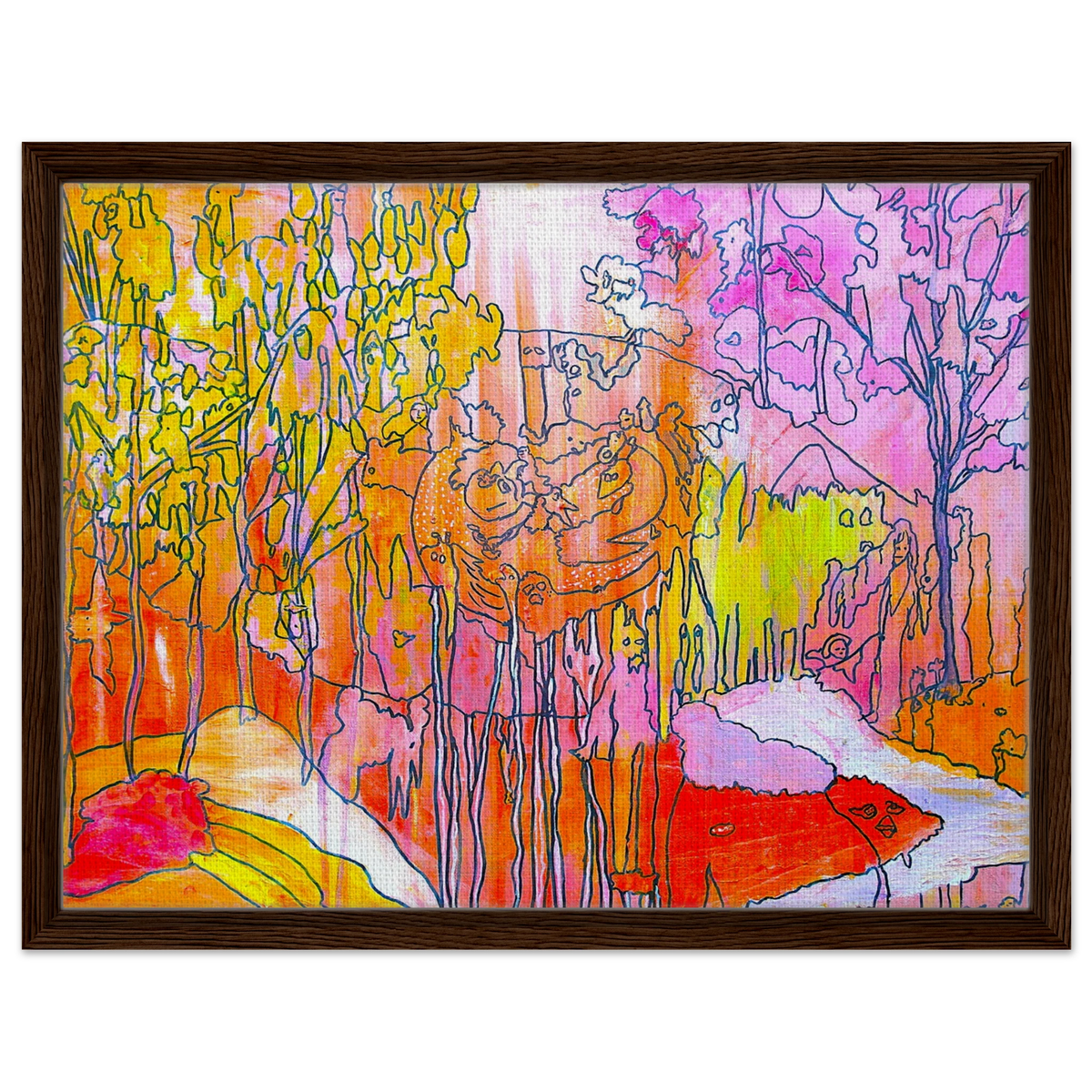 Et abstrakt og fargerikt kunstverk inspirert av natur, dyr og de mystiske vesenene som lever i vår egen fantasi. Verket er skapt i livlige nyanser av rosa, oransje og gult, med organiske former og teksturer inspirert av Gelli Print-teknikken.
En leken utforskning av farger, natur og abstrakte skapninger – et bilde som inviterer deg til å oppdage ditt eget territorium og finne dine egne tolkninger i motivet.