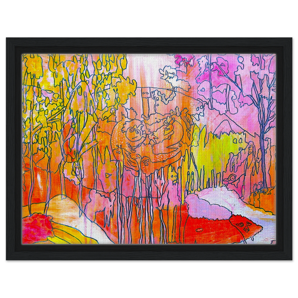 Et abstrakt og fargerikt kunstverk inspirert av natur, dyr og de mystiske vesenene som lever i vår egen fantasi. Verket er skapt i livlige nyanser av rosa, oransje og gult, med organiske former og teksturer inspirert av Gelli Print-teknikken.
En leken utforskning av farger, natur og abstrakte skapninger – et bilde som inviterer deg til å oppdage ditt eget territorium og finne dine egne tolkninger i motivet.