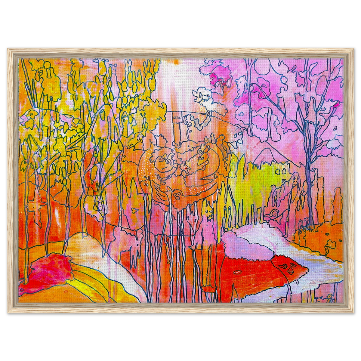 Et abstrakt og fargerikt kunstverk inspirert av natur, dyr og de mystiske vesenene som lever i vår egen fantasi. Verket er skapt i livlige nyanser av rosa, oransje og gult, med organiske former og teksturer inspirert av Gelli Print-teknikken. En leken utforskning av farger, natur og abstrakte skapninger – et bilde som inviterer deg til å oppdage ditt eget territorium og finne dine egne tolkninger i motivet.