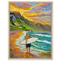 Et fargerikt akrylmaleri inspirert av den storslåtte naturen på Vestlandet, med utgangspunkt i vakre Hoddevika. En surfer med sitt surfebrett omgitt av majestetiske fjell, strand og havets bølger. Solnedgangen kaster et varmt lys over landskapet, mens skyer og himmel skaper dybde og kontrast i motivet. De levende fargene fanger både energien i havet og den særegne stemningen langs norskekysten. Et stemningsfullt kunstverk som formidler følelsen av frihet, natur og eventyr – der hav, fjell og himmel møtes 