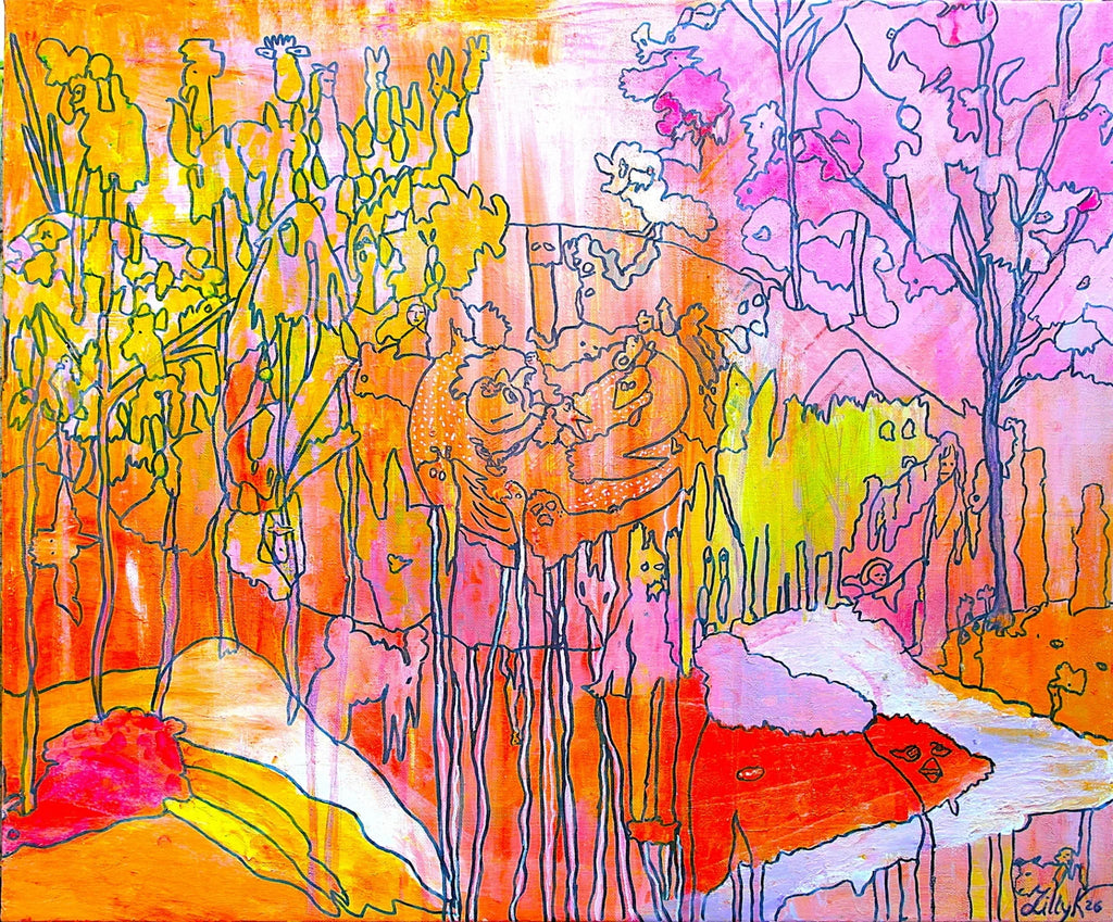 Territorium av Lilly K. Abstrakt landskapsmaleri i rosa, oransje, gult og lavendel med organiske linjer og figurative former.