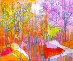 Territorium av Lilly K. Abstrakt landskapsmaleri i rosa, oransje, gult og lavendel med organiske linjer og figurative former.