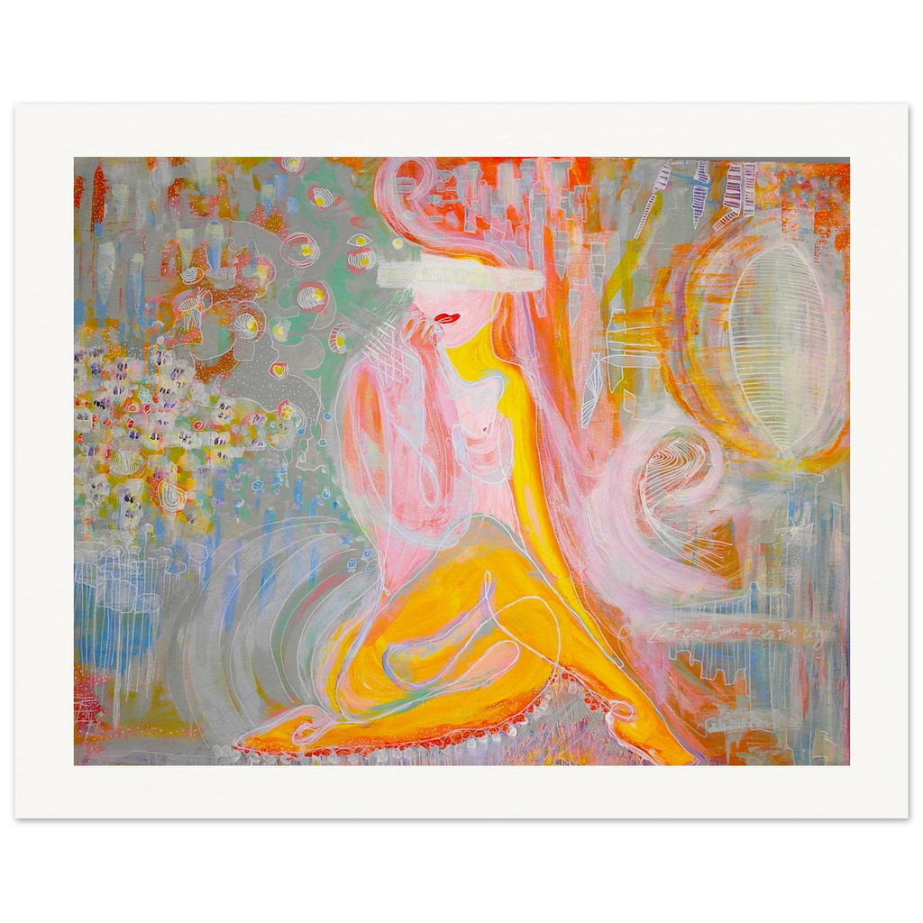 Fargerikt kunsttrykk og Fine Art Print av abstrakt og figurativ kunst med drømmende kvinnemotiv, byliv og symbolske detaljer i rosa, gul, oransje, rød, grønn og blå