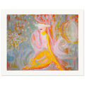 Fargerikt kunsttrykk og Fine Art Print av abstrakt og figurativ kunst med drømmende kvinnemotiv, byliv og symbolske detaljer i rosa, gul, oransje, rød, grønn og blå