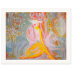 Fargerikt kunsttrykk og Fine Art Print av abstrakt og figurativ kunst med drømmende kvinnemotiv, byliv og symbolske detaljer i rosa, gul, oransje, rød, grønn og blå