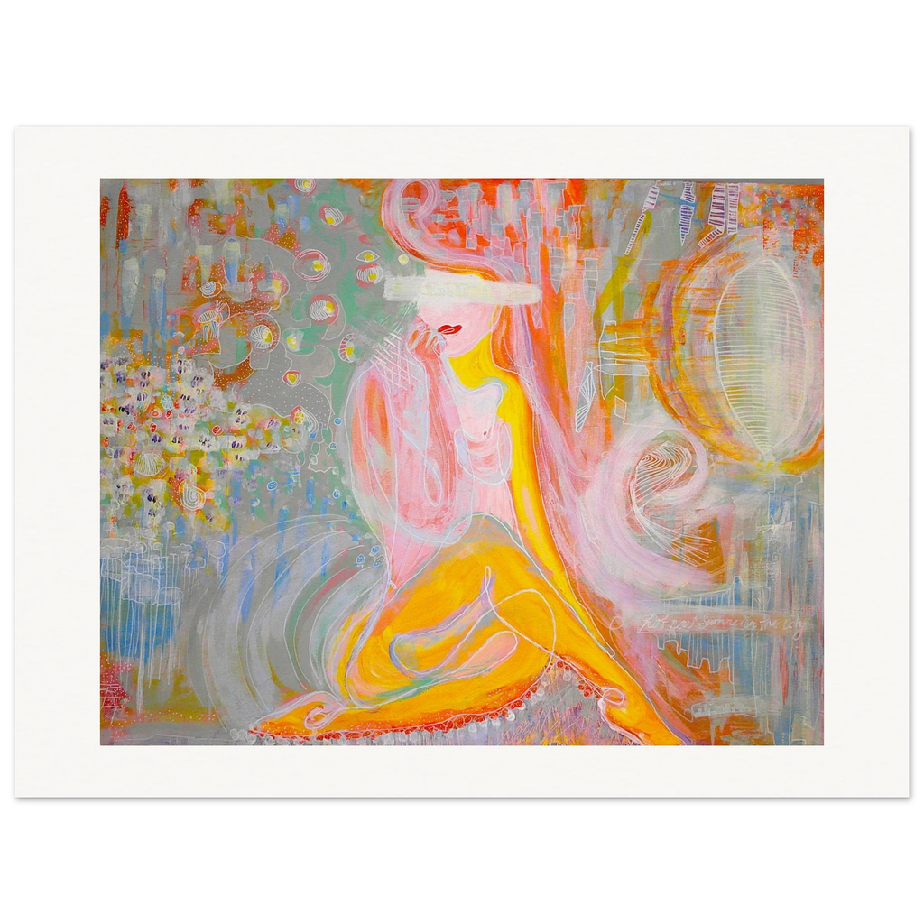 Fargerikt kunsttrykk og Fine Art Print av abstrakt og figurativ kunst med drømmende kvinnemotiv, byliv og symbolske detaljer i rosa, gul, oransje, rød, grønn og blå