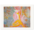 Fargerikt kunsttrykk og Fine Art Print av abstrakt og figurativ kunst med drømmende kvinnemotiv, byliv og symbolske detaljer i rosa, gul, oransje, rød, grønn og blå