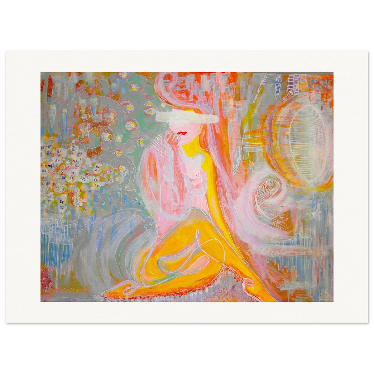 Fargerikt kunsttrykk og Fine Art Print av abstrakt og figurativ kunst med drømmende kvinnemotiv, byliv og symbolske detaljer i rosa, gul, oransje, rød, grønn og blå