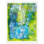 Original mixed media abstract painting with botanical shapes and expressive brushwork in green, blue and yellow.