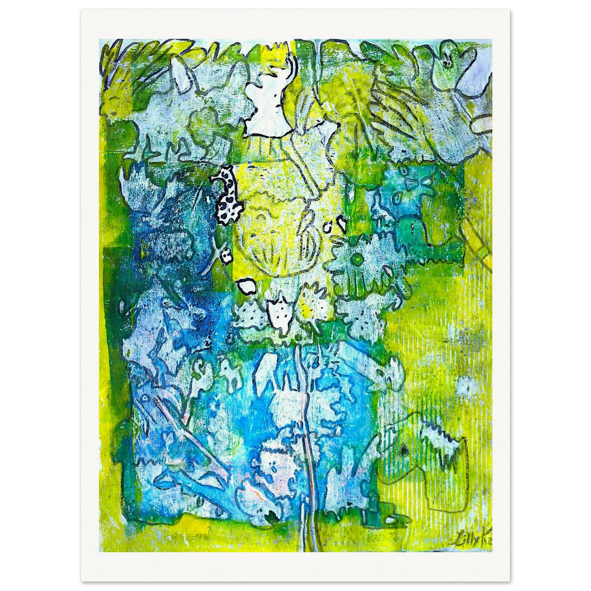 Original mixed media abstract painting with botanical shapes and expressive brushwork in green, blue and yellow.