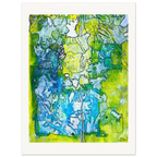 Original mixed media abstract painting with botanical shapes and expressive brushwork in green, blue and yellow.