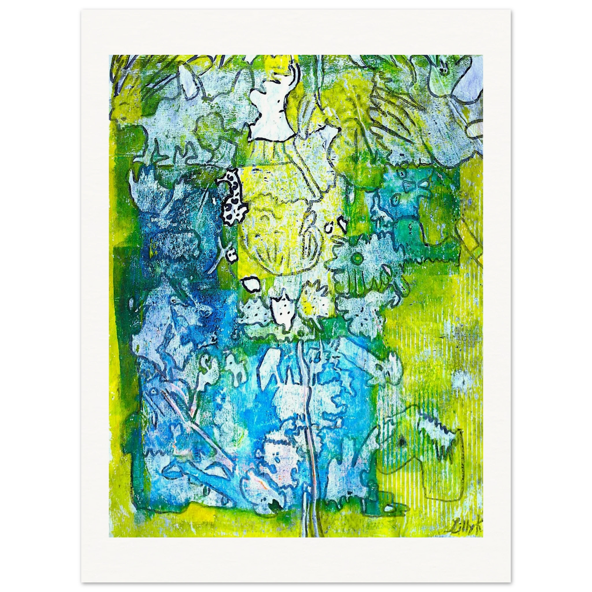 Original mixed media abstract painting with botanical shapes and expressive brushwork in green, blue and yellow.
