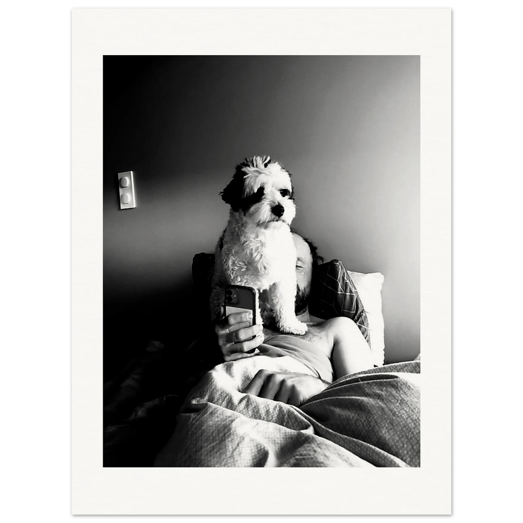 Svart-hvitt kunstfotografi av en hund som sitter foran en person i en seng og blokkerer utsynet til en mobiltelefon. Motivet utforsker kontrasten mellom nærvær og skjermtid gjennom lys, skygge og hverdagslige øyeblikk.