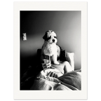 Svart-hvitt kunstfotografi av en hund som sitter foran en person i en seng og blokkerer utsynet til en mobiltelefon. Motivet utforsker kontrasten mellom nærvær og skjermtid gjennom lys, skygge og hverdagslige øyeblikk.