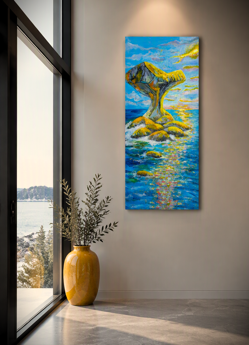 Originalt akrylmaleri av Kannesteinen ved havet med blå himmel, glitrende vann og gylne refleksjoner i ekspressiv stil.