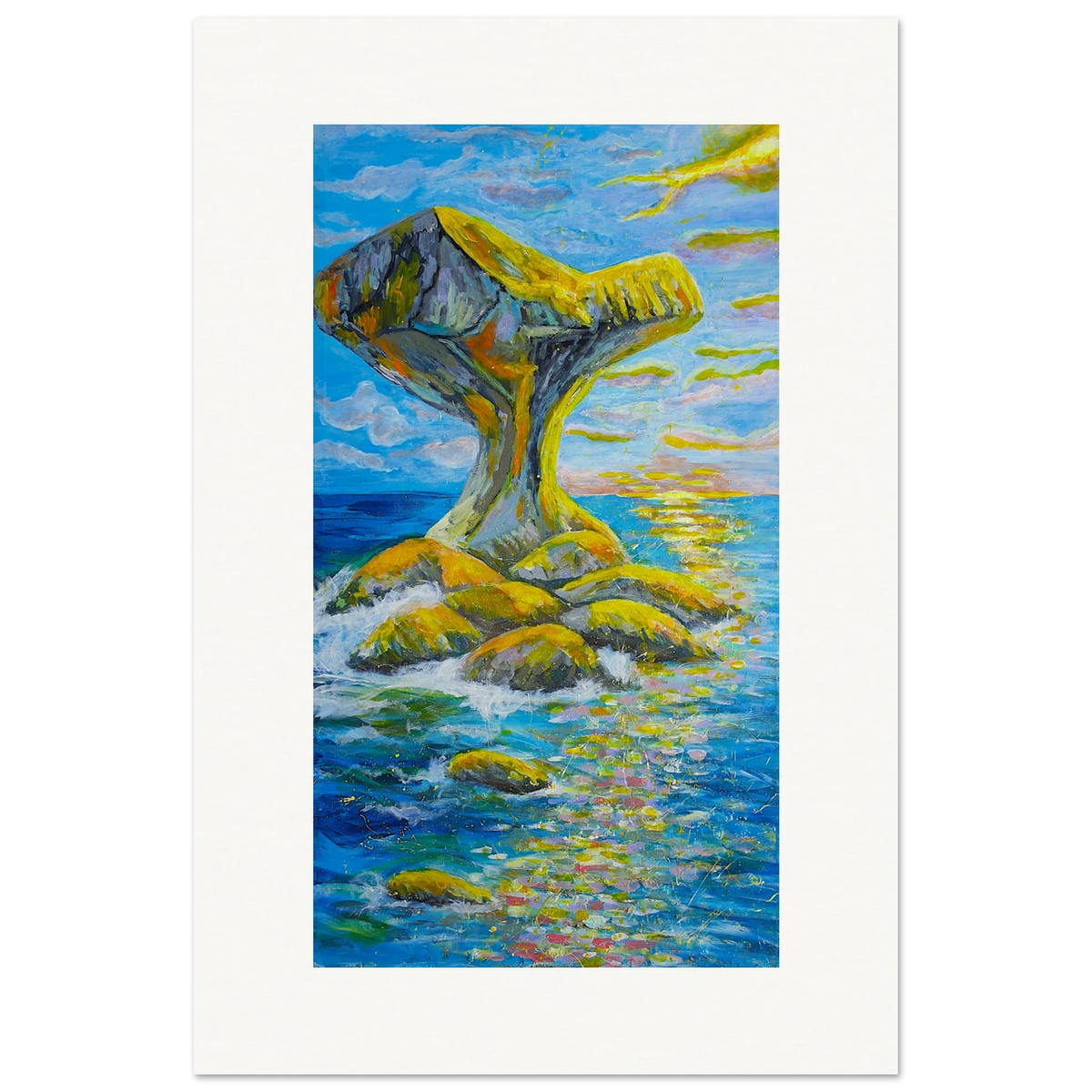 Fargerik kunstnerisk tolkning av Kannestenen på Vestlandet, malt i blå, gule, oransje, rosa og lilla toner