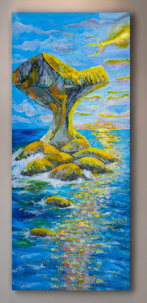 Originalt akrylmaleri av Kannesteinen ved havet med blå himmel, glitrende vann og gylne refleksjoner i ekspressiv stil.